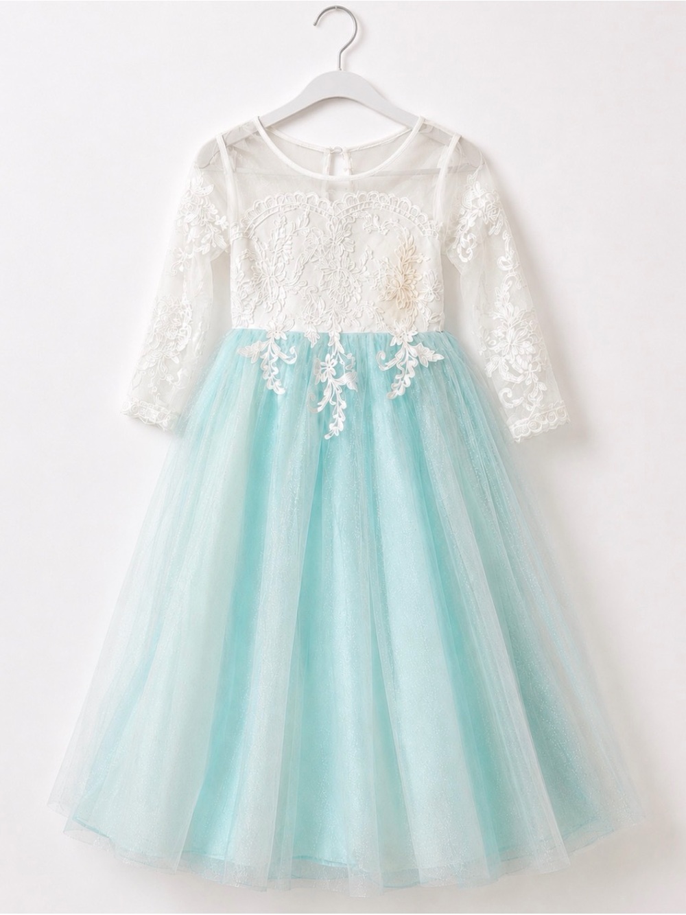 Girls White & Aqua Lace Princess Dress Size M